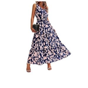 Floral Maxi Dress Sleeveless Navy Blue Pink Bohemian Summer Dress